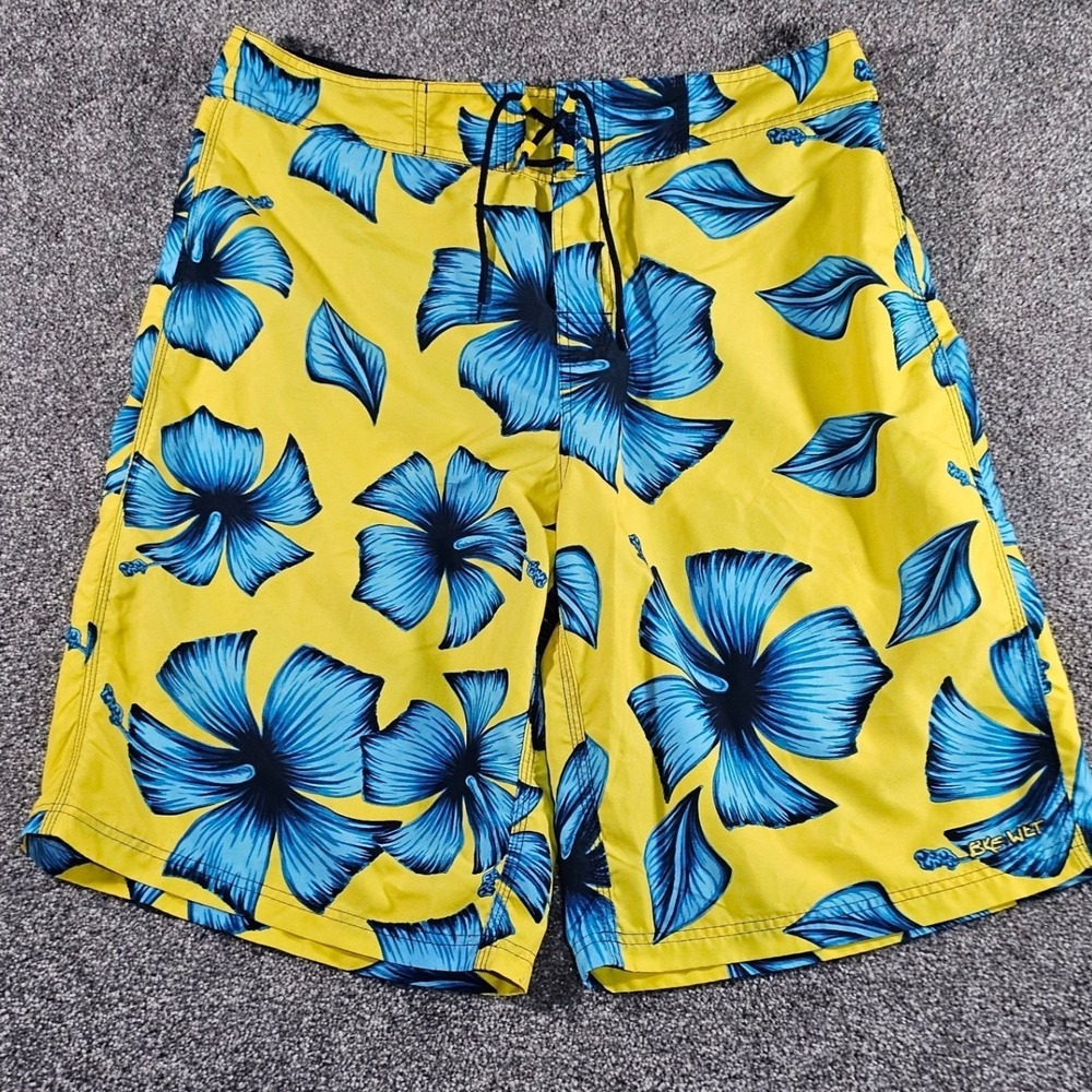 BKE Wet Board Shorts Mens 34 YellowBlue‎ Hibiscus Floral Tropical SurfTrunks Y2K